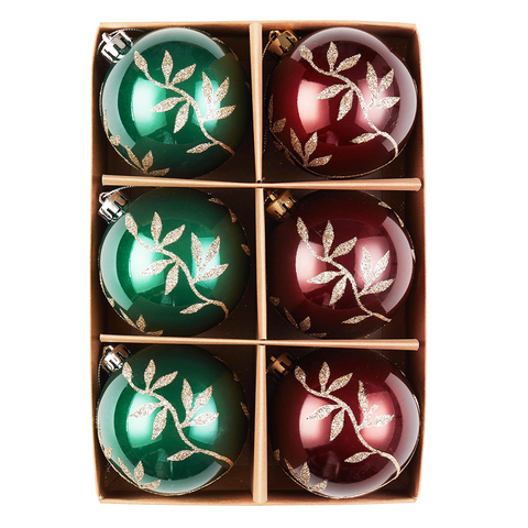 Majestic Gold Glittered Floral Bauble Christmas Ornament Set, 6 Pieces of Maroon and Green Round Tree Balls
