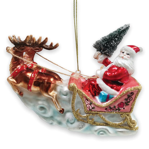 Santa Sleigh and Reindeer Elegant Christmas Ornament, Holiday Blown Glass Figurine