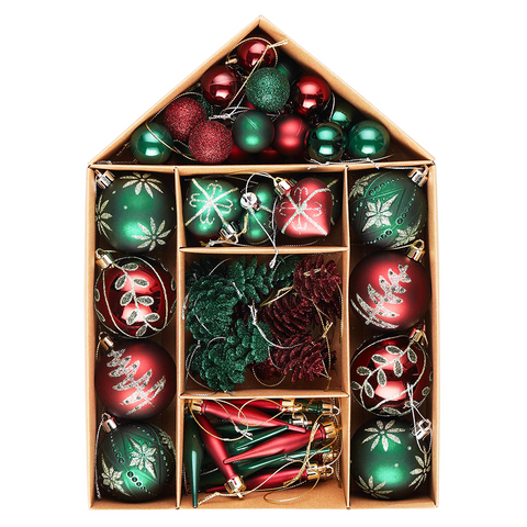 Sophisticated Red and Green Saturated Ornament Ball Bundle Set, Refined Forest Nature Glittered Patterns on Baubles, 70 Pieces