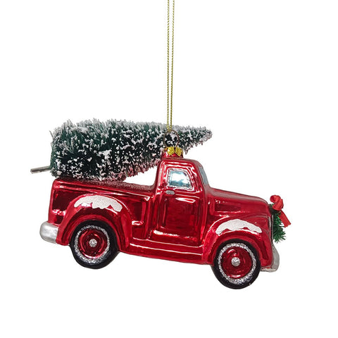 Traditional Red Truck with Ornamental Tree Glass Christmas Ornament