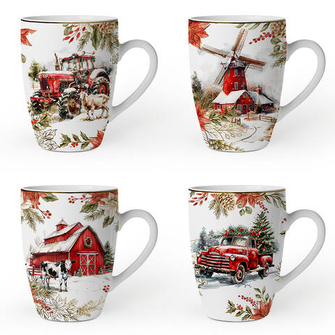 Fancy Farmhouse Holiday Set of 4 Ceramic Mugs with Real Gold Trim, Rustic Christmas Kitchen Coffee Cup Decoration