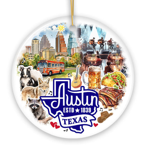 Artistic Austin Texas Christmas Ornament, Unique Ceramic Keepsake Souvenir and Gift