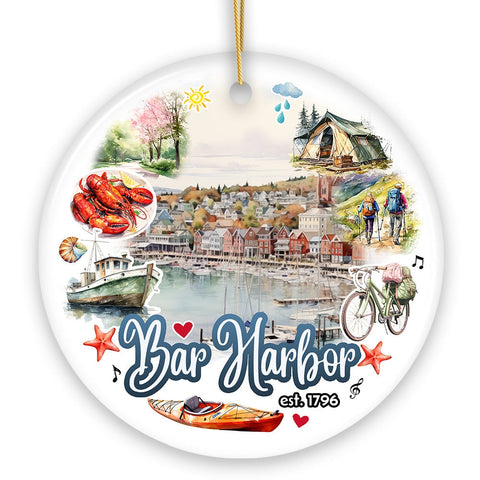 Artistic Bar Harbor Christmas Ornament, Maine Souvenir and Gift with Lobster and Acadia Art