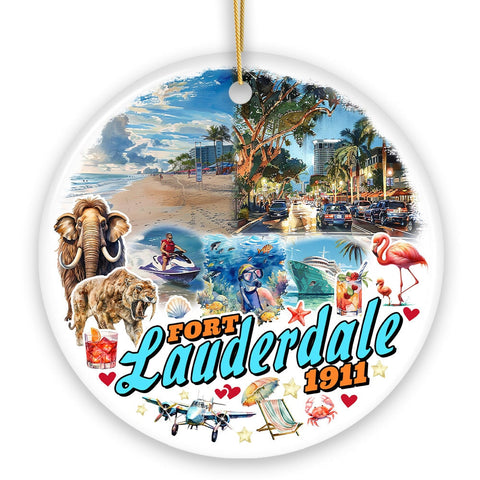 Artistic Fort Lauderdale Watercolor Ornament, Tropical Florida Vacation Beaches and Nature Souvenir