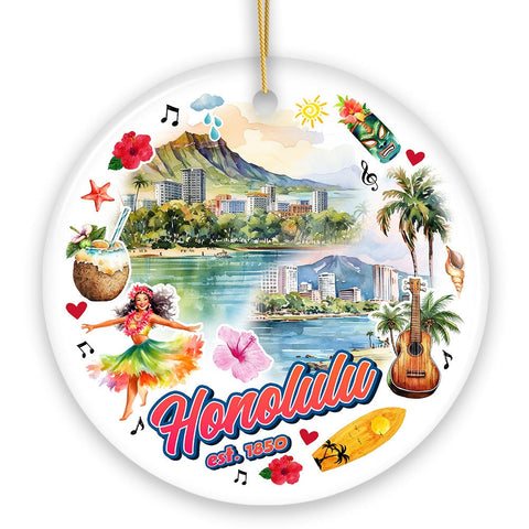 Artistic Honolulu Hawaii Christmas Ornament, Tropical Hawaiian Keepsake and Souvenir Gift