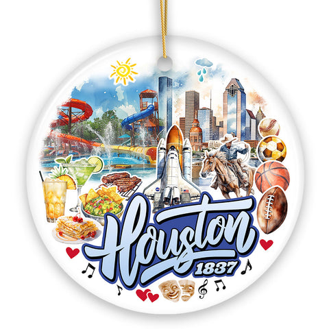 Artistic Houston Ceramic Ornament, Texas Souvenir with Vintage City Elements and Space Shuttle