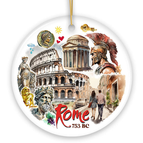 Artistic Rome Landmark Collage Ornament, Italy Christmas Gift with Roman Colosseum and Statues