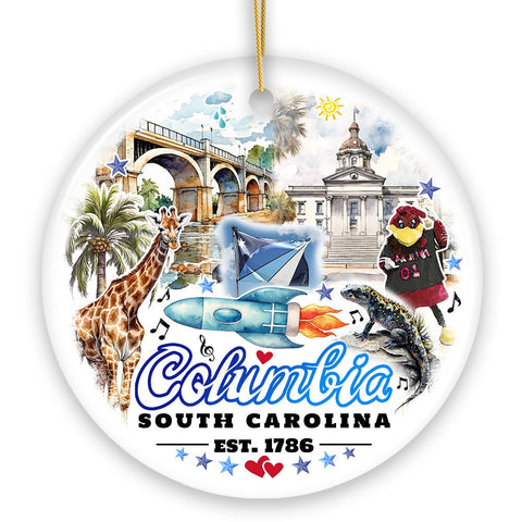 Artistic Souvenir of Columbia City Landmarks and Icons Ceramic Ornament, the Heart of South Carolina