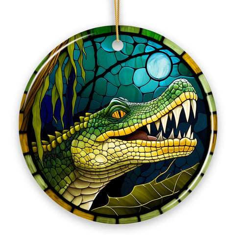 Artistic Wetlands Alligator Ceramic Ornament, Stained Glass Theme Nature Art of Swamp Animal