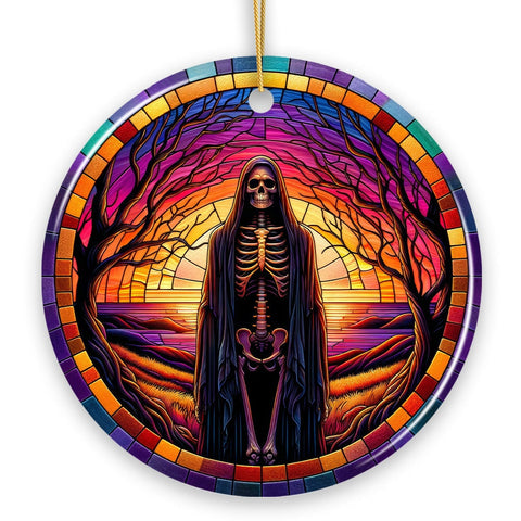 Bony Fright Halloween Skeleton Decor Stained Glass Style Ceramic Ornament, Halloween Themed Christmas Gift and Decor