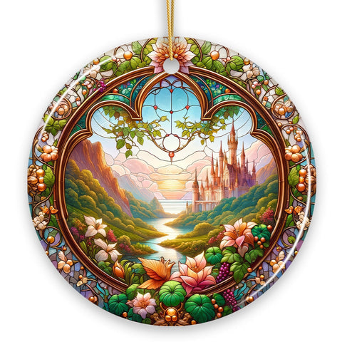 Castle Art with Lush Forest Stained Glass Style Ceramic Ornament, Christmas Gift and Decor