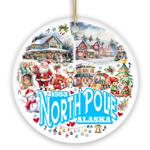 City of North Pole Alaska Artistic Christmas Ornament, Decorated Ceramic Souvenir with Santa and Elf Themes