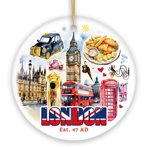 Classic London Artwork City Full of Landmarks Ornament, Vintage Souvenir of England