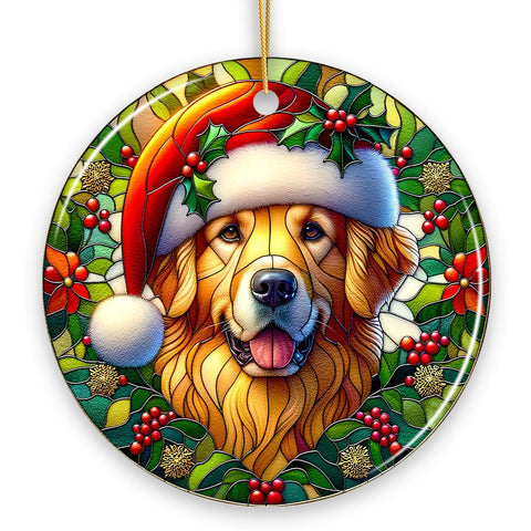 Colorful Golden Retriever Stained Glass Style Ceramic Ornament, Christmas Gift and Decor