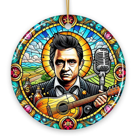 Country Rockin Stained Glass Ceramic Christmas Ornament, Vintage Pop Art and Johnny Cash