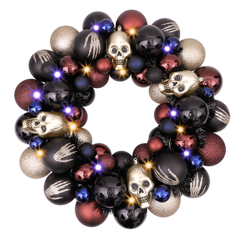 Creep and Glitter Spooky Wreath with Skeleton Skull Baubles, Black, Maroon and Gold Colors with Shiny Glitter