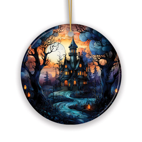 Dark and Gloomy Haunted House Stained Glass Style Ceramic Ornament, Halloween Themed Christmas Gift and Decor