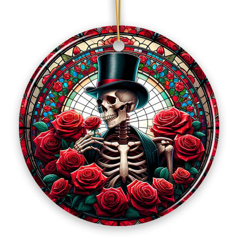 Elegant Bones Top-Hat Skeleton with Roses Stained Glass Style Ceramic Ornament, Halloween Themed Christmas Gift and Decor