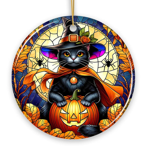 Enchanted Cat Witch Stained Glass Style Ceramic Ornament, Halloween Themed Christmas Gift and Decor
