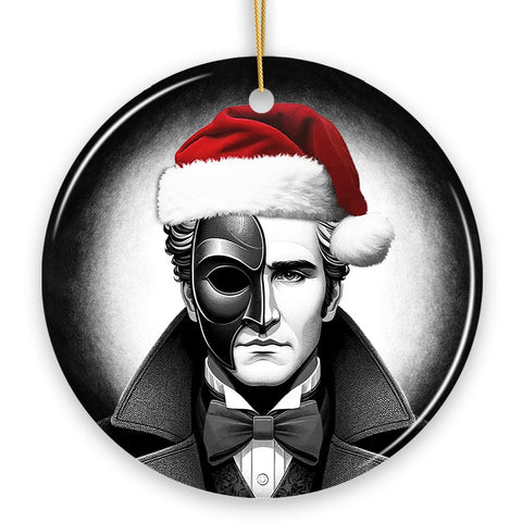 Gothic Edgar Allan Poe with Santa Hat And Raven Ornament, Spooky Halloween Tree Christmas Decor