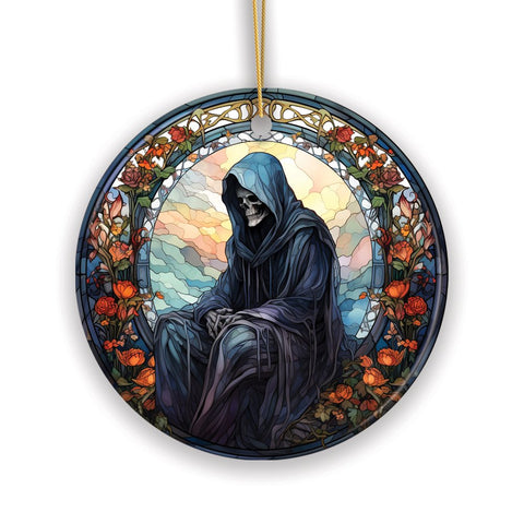 Ethereal Revenant: Halloween Angel of Death Stained Glass Style Ceramic Ornament, Halloween Themed Christmas Gift