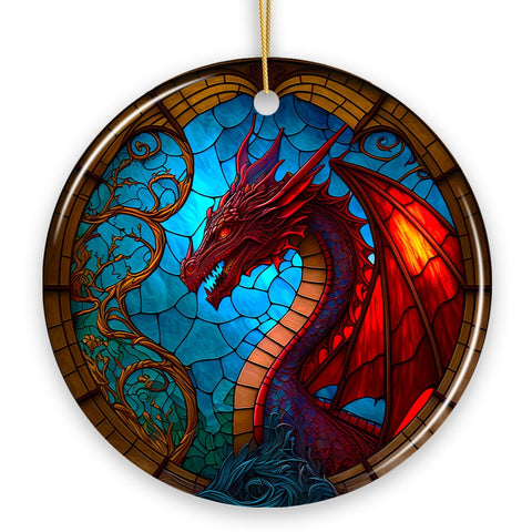 Fierce Dragon Stained Glass Style Ceramic Ornament, Unique Goth Tree Decor