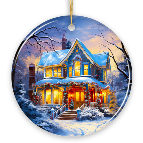 Glowing Winter Night Painting Ceramic Ornament, Warm and Inviting Christmas Tree Decor