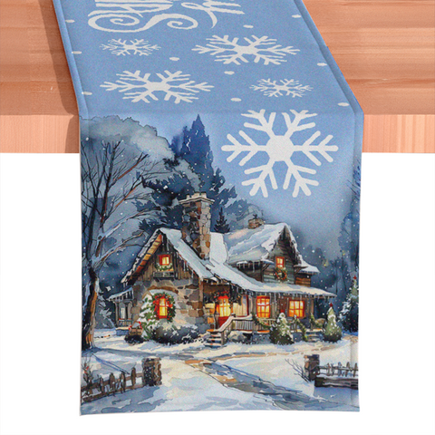 Gracefully Artful Winter Cabin 72" Table Runner, Merry Christmas Blue Rectangle Tablecloth with Snowflakes