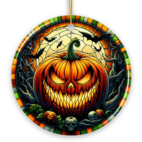 Grim Grinning Gourd Pumpkin Decor Stained Glass Style Ceramic Ornament, Halloween Themed Christmas Gift