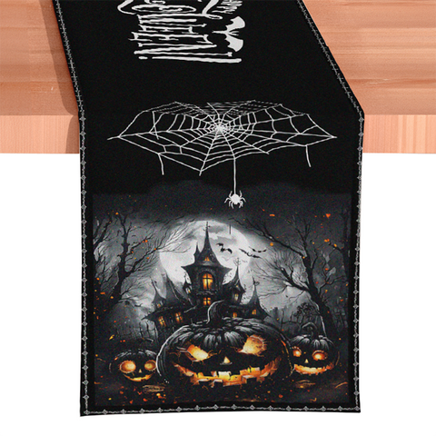 Haunted Horrors 72" Table Runner, Jacquard Halloween Home Black Tablecloth Decoration with Pumpkins and Spiderwebs