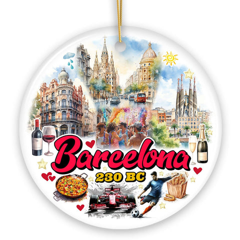 Illustrated Barcelona Landmarks Ceramic Ornament, Spain Travel Souvenir and Christmas Gift