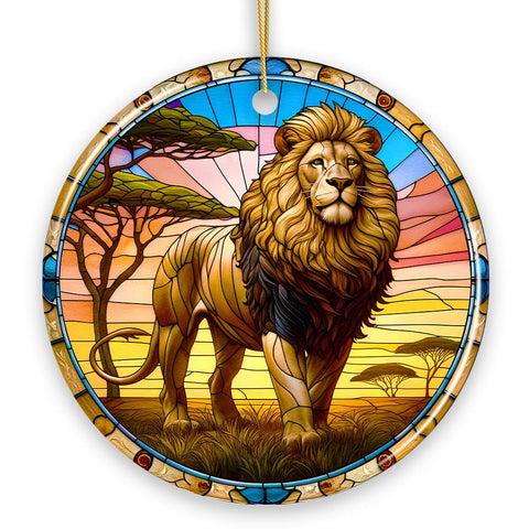 Kings of the Savannah Lion Stained Glass Style Ceramic Ornament, African Animals Christmas Gift and Decor