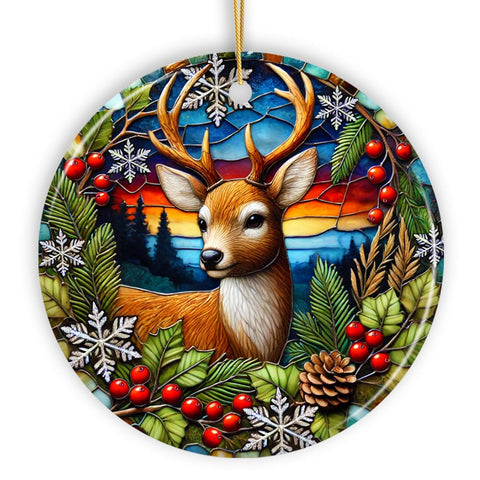 Majestic Winter Deer in Holly Branches Ornament, Enchanting Holiday Wonderland for Christmas Tree Decor