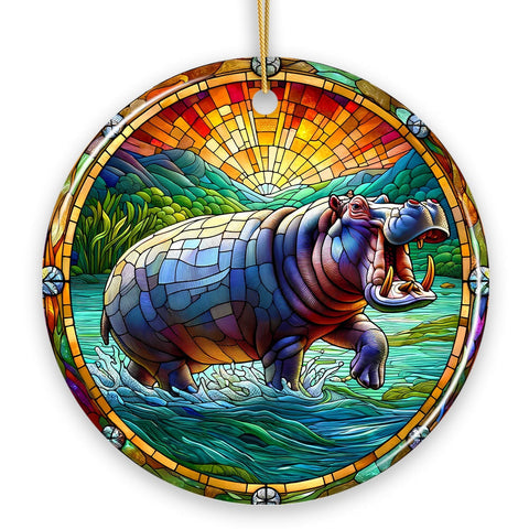 Mighty Hippopotamus Stained Glass Style Ceramic Ornament, African Animals Christmas Gift and Decor