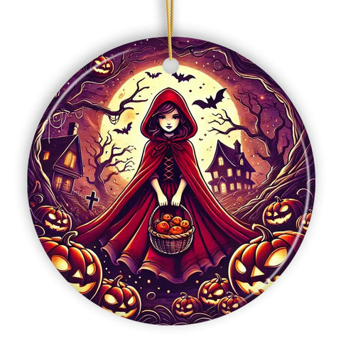 Mysterious Red Riding Hood in the Woods Ornament, Spooky Halloween Tree Decor