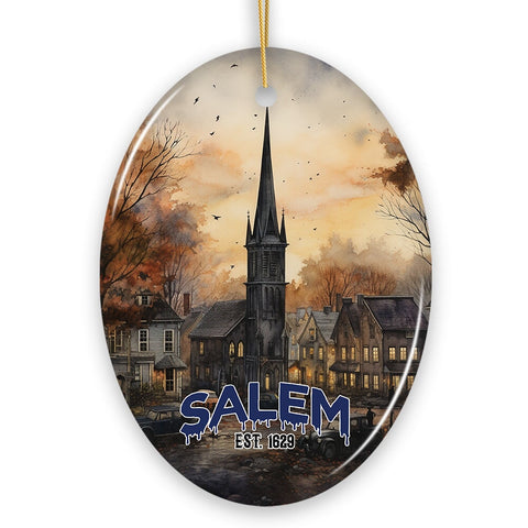 Mysterious Salem Watercolor Fall Art Ornament, Massachusetts Souvenir and Gift