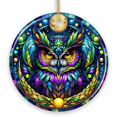 Nocturnal Enchanter Mysterious Owl Stained Glass Style Ceramic Ornament, Halloween Themed Christmas Gift and Decor