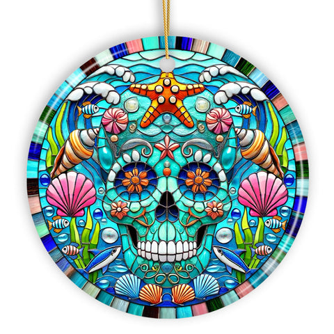 Oceanic Oasis Sugar Skull Stained Glass Style Ornament, Marine Wonder Christmas Gift and Decor