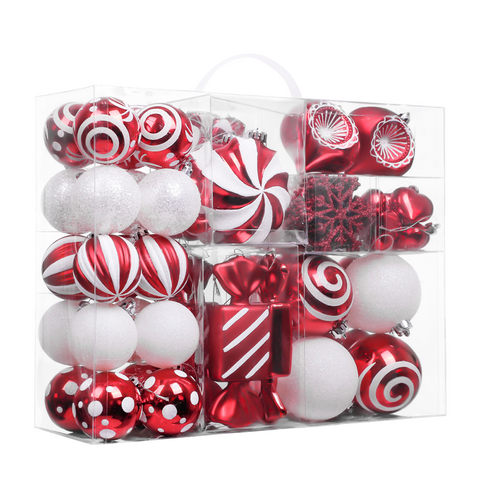 Premium Christmas Candy Red and White Large Ornament Set, Candycane Color 108 Piece Bauble Bundle