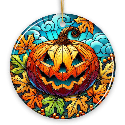Pumpkin Spice and Crispy Leaves Stained Glass Style Ceramic Ornament, Halloween Themed Christmas Gift and Decor