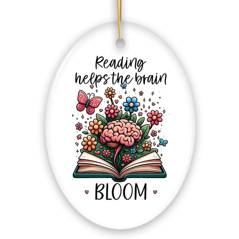 Reading Helps the Brain Bloom Unique Handcrafted Ornament, Booklover Gift with Flowers and Butterflies Art