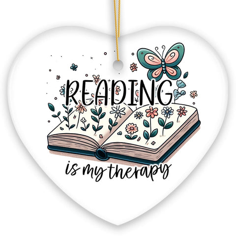 Reading is my Therapy Whimsical Ceramic Ornament, Book Lovers Christmas Gift