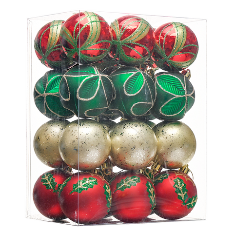 Refined Ornament Bauble Set, 24 Piece Red, Gold, and Green Glitter Christmas Bundle