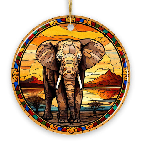 Safari Elephant Trek Stained Glass Style Ceramic Ornament, African Animals Christmas Gift and Decor