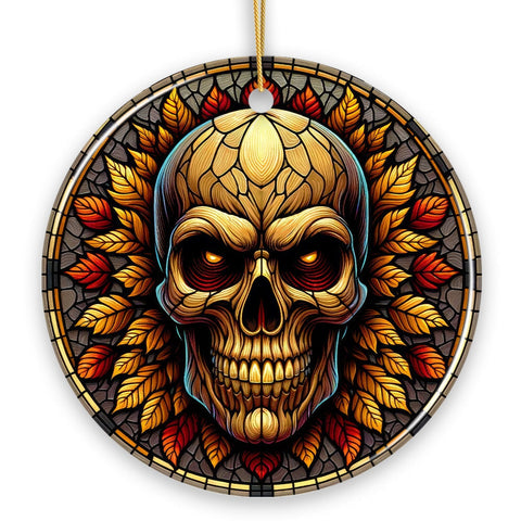 Spine-Chilling Haunting Skull Stained Glass Style Ceramic Ornament, Halloween Themed Christmas Gift and Decor