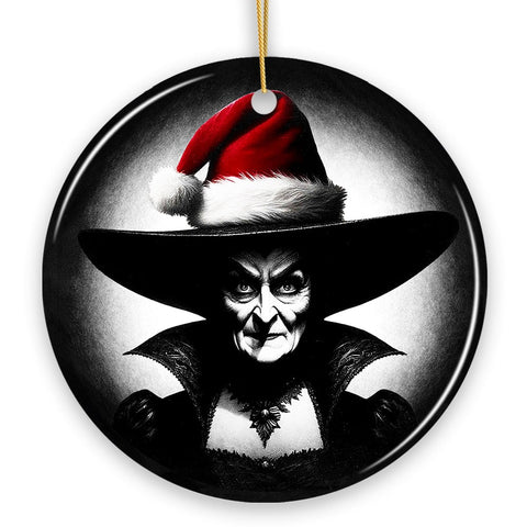 Spooky Witch with Santa Hat Ceramic Ornament, Halloween Themed Christmas Gift and Decor