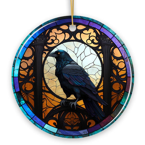 Stained Glass Creepy Dark Raven Ornament, Horror and Elegance