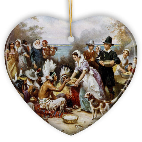 The First Thanksgiving Painting Vintage Ornament, Pilgrims and Native Americans Harmony