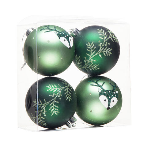 Unique Spruce Leaf and Woodland Deer Patterned Christmas Bauble Ball Set of Four, Glittered Light and Dark Green Ornaments