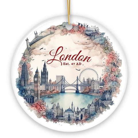 Vintage London Watercolor Style Painting Ceramic Ornament, Floral Victorian Style European Gift